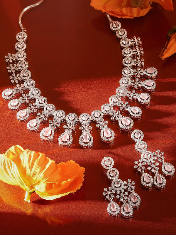 Pink Stones Floral Design American Diamond Jewellery Set