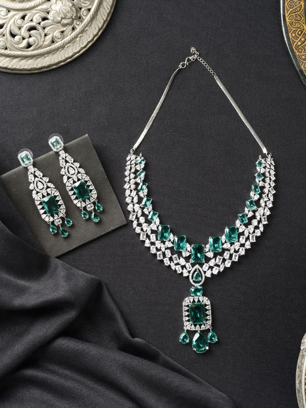 Silver Rhodium Plated White and Green American Diamond Bridal Necklace Set