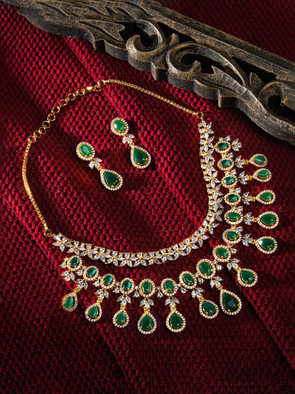 Wedding Luxurious American Diamond and Green stone Layered Jewellery Set for Women