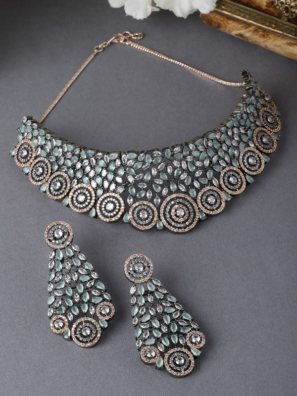 Rose Gold Plated Gunmetal Toned Green Ad Choker Crystal Jewellery